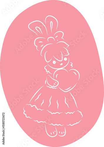 A cute bunny in a ball gown with a bow on her head stands and holds a heart in her hands, full-length, with an oval background in pink, white contours curved lines drawn by hand with a brush