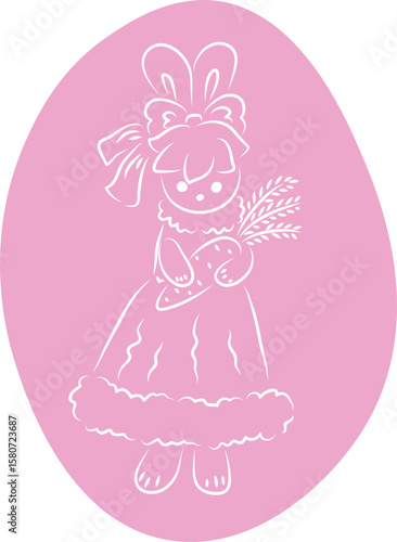 Cute bunny in a ball gown with a bow on her head stands and holds one carrot in her hands, front view, full length, with an oval background in pink, white contours curved lines drawn by hand 