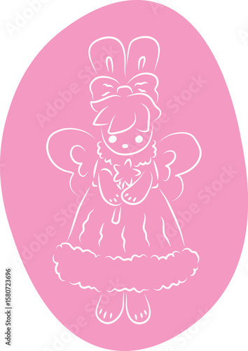 Cute bunny with butterfly wings in a ball gown with a bow on her head stands and holds a magic wand in her hands, full-length front view, with an oval background in pink, white contours curved lines 