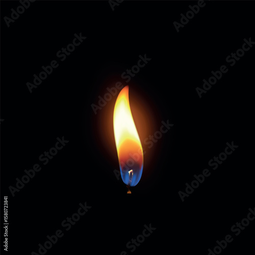 Realistic tongue of flame on wick with blue, yellow, orange fire and glow effect.