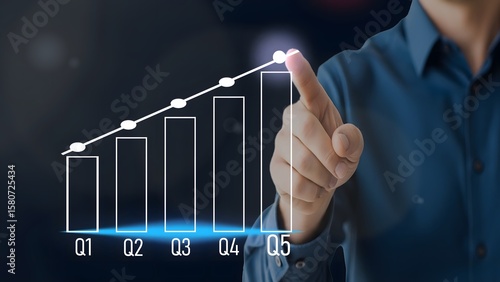 Businessman touching virtual quarterly growth bar chart showing increasing performance in Q1, Q2, Q3, Q4, and Q5 success

