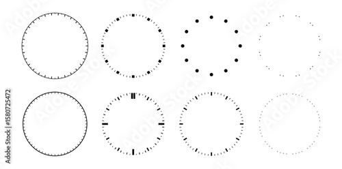 Round watch dials set with no hour or minute hands. Vector clock faces without numerals with minimalist or stylized design. Timepiece templates with subtle index markers or full blank surfaces