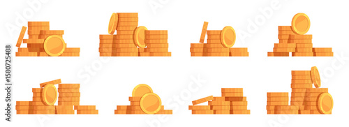 Stacks of blank gold coins, isolated pieces of metal without any engraving or symbols. Vector isometric metal money with reflective surfaces. Value, virtual game currency. Budget and salary