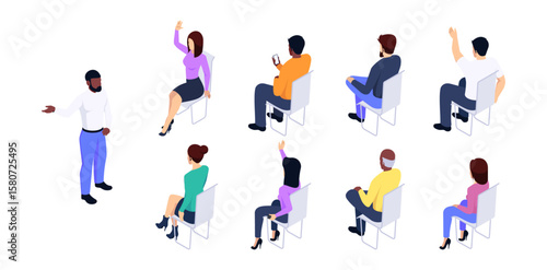 Faceless people occupying chairs. Vector young men and women characters sitting and raising hands, talking and discussing problems. Students and courses participants listening teacher