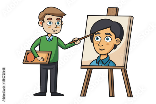 A cheerful artist in a green sweater points with a stick at a portrait of a smiling young man on an easel