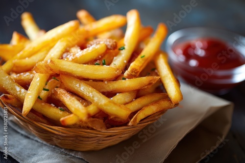 Golden french fries in a wicker basket with ketchup against a rustic, wooden surface