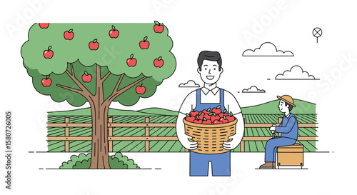 Farmers diligently harvesting ripe red apples from a bountiful orchard on a bright sunny day enjoying the fruits of their labor