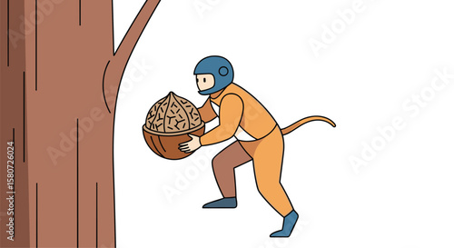 A curious character in a racing suit carefully carries a large nut up a tree trunk for storage