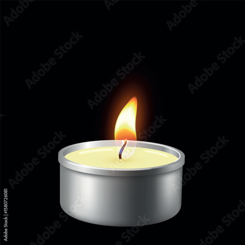 Burning tea candle 3D vector illustration, realistic glowing lit wax paraffin candle with fire flame, event decoration