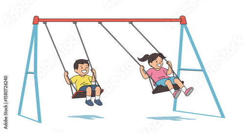 Children joyfully swinging on a playground swing set enjoying outdoor fun and recreation together