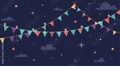 Festive evening celebration with colorful bunting flags and starry night sky decorations