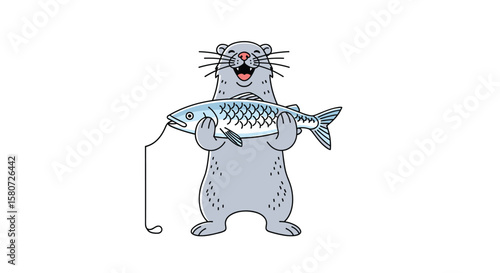 A humorous cartoon of a happy gray cat proudly displaying its freshly caught large fish and fishing rod symbolizing a successful fishing trip adventure