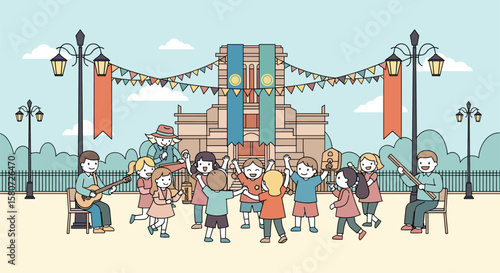 Animated illustration of a joyful festival with children dancing and musicians playing instruments in a park setting