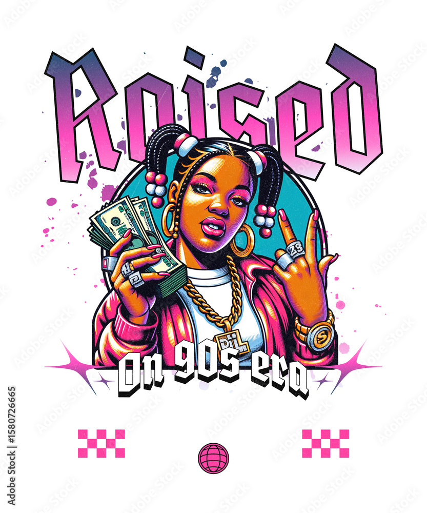 Fototapeta premium Bold Empowerment: The vibrant artwork radiates a confident woman with iconic symbols, embodies empowerment, style, and a strong spirit of female independence. 