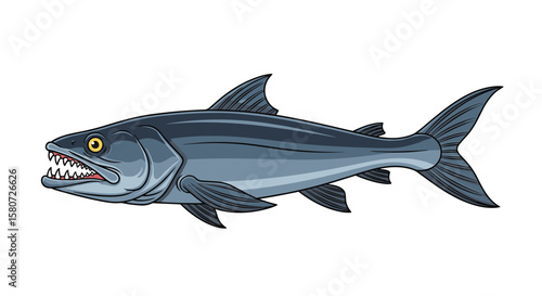 A realistic pixel art depiction of a predatory barracuda swimming through open blue water displaying its sharp teeth and powerful fins