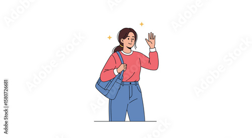 Young woman happily waving hello while carrying a blue bag across her shoulder