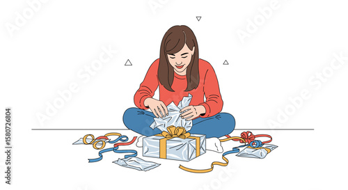 Young woman happily sitting on the floor wrapping a gift with ribbons and bows for a special occasion