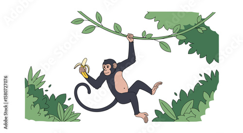 A playful primate swings through lush green foliage holding a ripe yellow banana a delightful scene from the jungle