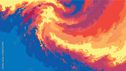 Abstract painting featuring swirling shades of blue, yellow, orange, and red colors in a fluid design