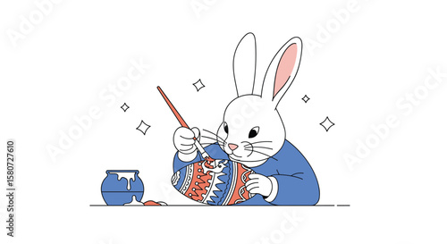 Adorable white bunny artist meticulously painting a colorful masterpiece on a canvas with enthusiasm and creativity
