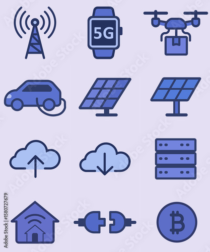 Modern Technology and Innovation Icon Set – Renewable Energy, Cloud, Cryptocurrency, Smart Devices