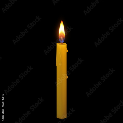 Burning wax candle 3D vector illustration, realistic orange glowing lit paraffin candle with fire flame, candlelight