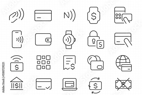 Explore a sleek set of payment icons featuring mobile pay, credit cards, and wallets. Perfect for e-commerce sites, banking apps, and financial designs. High-quality vector art with a minimalist, mode