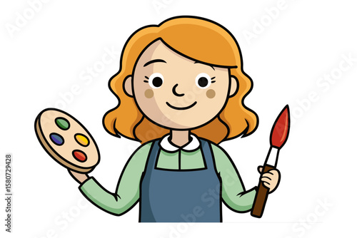 Joyful cartoon artist with orange hair holding a colorful paint palette and a red tipped brush ready to create art
