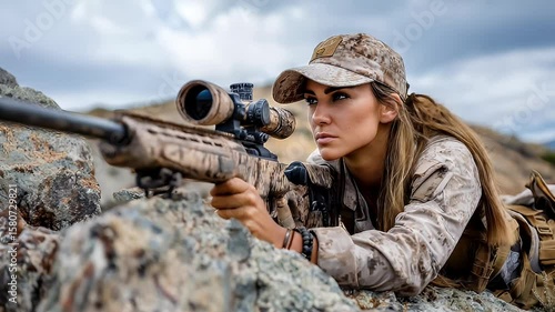 Woman sniper aiming rifle outdoors