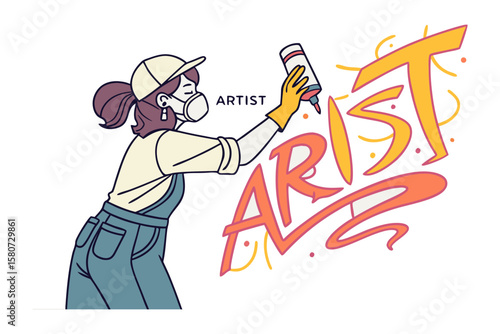 A young female artist wearing a cap and mask sprays paint onto a wall creating vibrant graffiti art