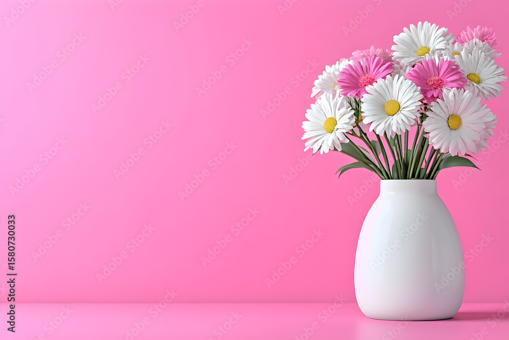 Fototapeta premium Fresh bouquet of white and pink daisies in white vase on vibrant pink background 