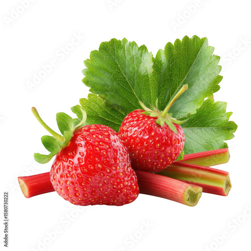 Fresh strawberries and rhubarb stalks with green leaves isolated on transparent background