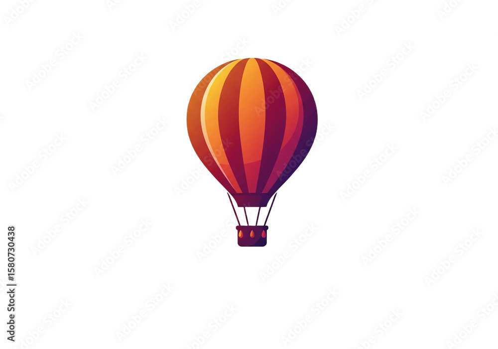 Fototapeta premium Illustrated hot air balloon with orange and purple stripes against a white background in a graphic style