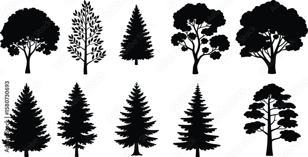 Obraz premium Diverse collection of tree silhouettes in vector format showcases varying shapes and forms, perfect for nature-themed designs and graphic resources.eps