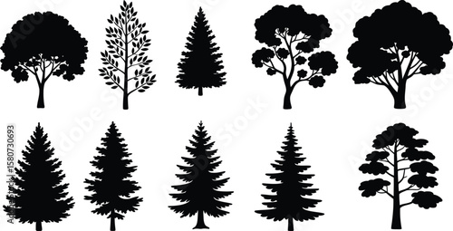 Diverse collection of tree silhouettes in vector format showcases varying shapes and forms, perfect for nature-themed designs and graphic resources.eps