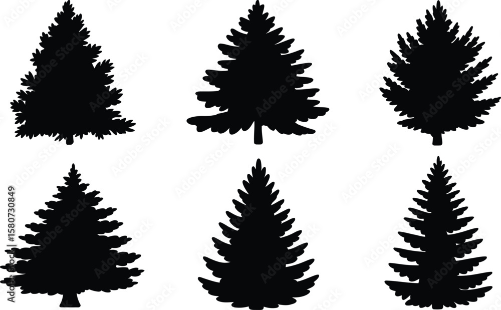 Fototapeta premium Silhouette evergreen trees illustrate diverse pine and fir shapes, offering a classic coniferous forest depiction against a stark white background
