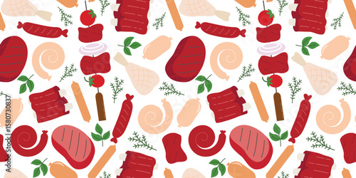 Seamless pattern with meat products. Continuous background with sausages, frankfurters, steaks, pork, beef, chicken legs, ribs, spices and herbs. Meat food and semi-finished products print, vector gra