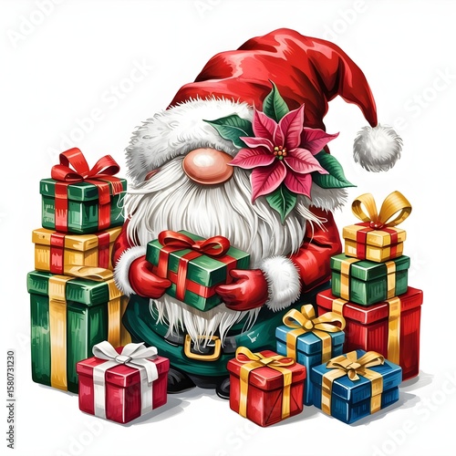 Festive Gnome Surrounded by Wrapped Gifts – Red and White Hat 