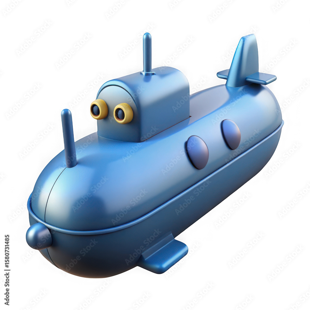 Obraz premium Cute blue cartoon submarine isolated on transparent background