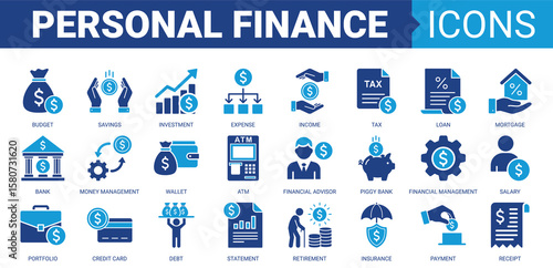 Personal finance icon set. Vector illustration concept containing icon of budget, savings, expense, income, tax, loan, statement, financial management, mortgage and more. Solid color icons collection