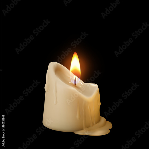 Realistic burning candle with flowing wax 3D vector illustration, glowing lit melted paraffin candle with fire flame
