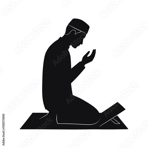 Muslim man praying silhouette Islamic prayer salat namaz black and white vector illustration