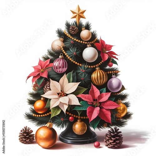 Elegant Black Tree with Poinsettias, Pinecones, and Golden Decorations