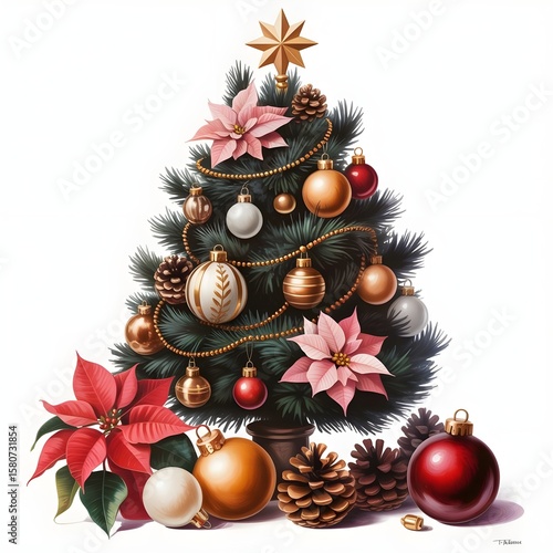 Elegant Black Tree with Poinsettias, Pinecones, and Golden Decorations
