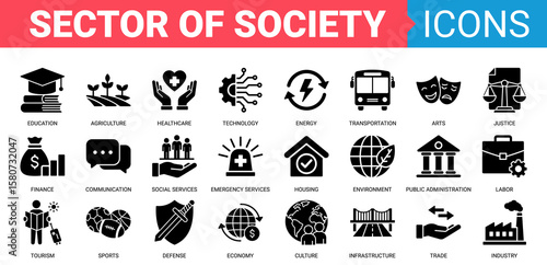 Sector of society icon set. Vector illustration concept containing icon of agriculture, education, healthcare, energy, technology, transportation, arts, justice and more. Black color icons collection.