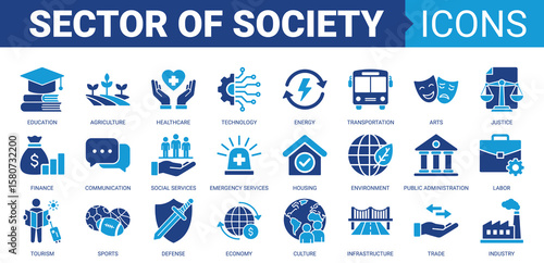 Sector of society icon set. Vector illustration concept containing icon of agriculture, education, healthcare, energy, technology, transportation, arts, justice and more. Solid color icons collection
