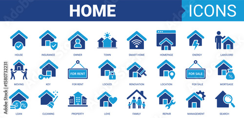 Home icon set. Vector illustration concept containing icon of house, property, loan, town, landlord, insurance, location, mortgage, for sale and more. Solid color icons collection.