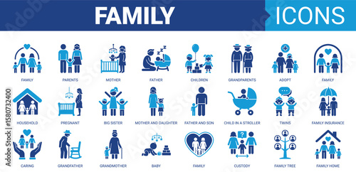 Family icon set. Vector illustration concept containing icon of parents, mother, father, children, baby, grandparents, household and more. Solid color icons collection. 