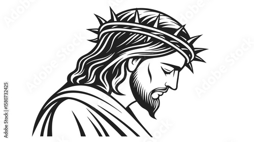 Jesus Christ with Crown of Thorns Vector Illustration – Black and White Silhouette