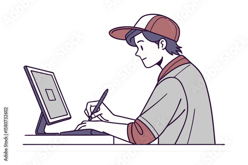 Young artist wearing a cap diligently works on a digital drawing tablet connected to a computer screen focused on creative design